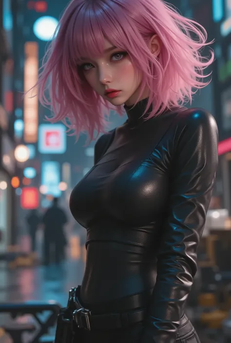 photo real、realistic skin texture、gun、Extremely Tight Cyberpunk Suit、Fluffy Shoulder-Length Hair、Dim Cyberpunk City、Beautiful Light Pink Eyes、pink hair