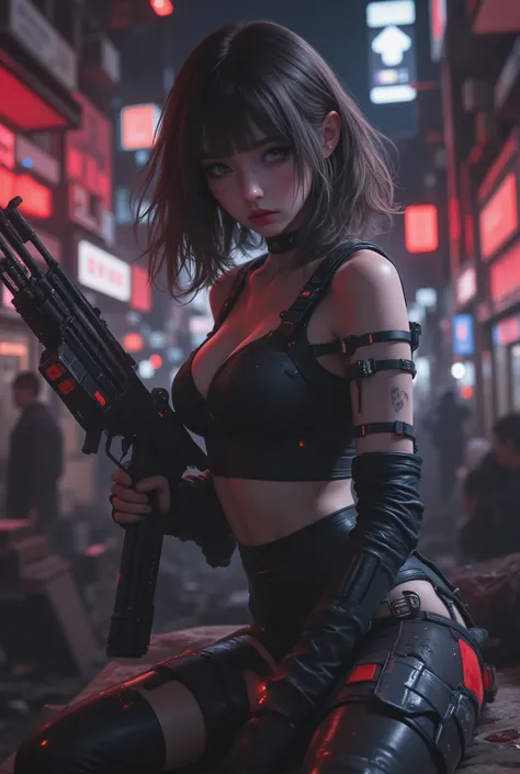 photo real、realistic skin texture、gun、Extremely Tight Cyberpunk Suit、Fluffy Shoulder-Length Hair、Dim Cyberpunk City、beautiful pink eyes、pink hair
