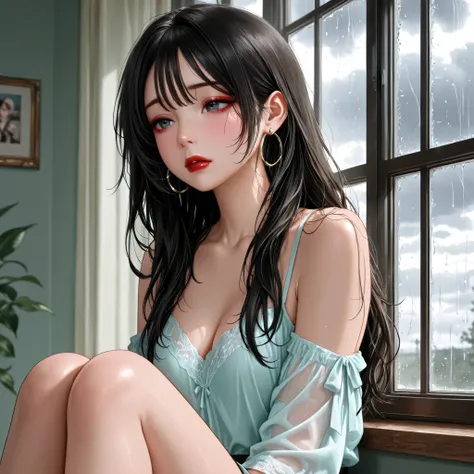 A beautiful young woman、Sadly looking down、long hair conceals half of her face、Delicate Expression、Tearful Eyes、Soft Natural Light、Sitting by the window 、Rain-soaked window glass、cloudy sky、pastel tone、Soft Focus、Emotional Vibes、Loneliness、realistic style、...