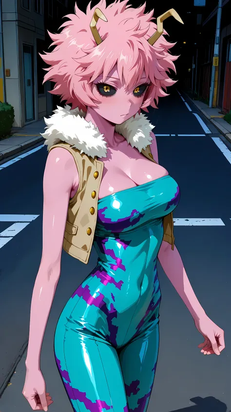 (masterpiece,best quality:1.2,amazing quality,very aesthetic, absurdres, newest), (anime coloring), official style,(ashido mina,boku no hero academia ) ,1girl,solo,a,(ideal ratio body proportions:1.2) ,(skinny),medium breasts,pink skin, pink hair, short ha...