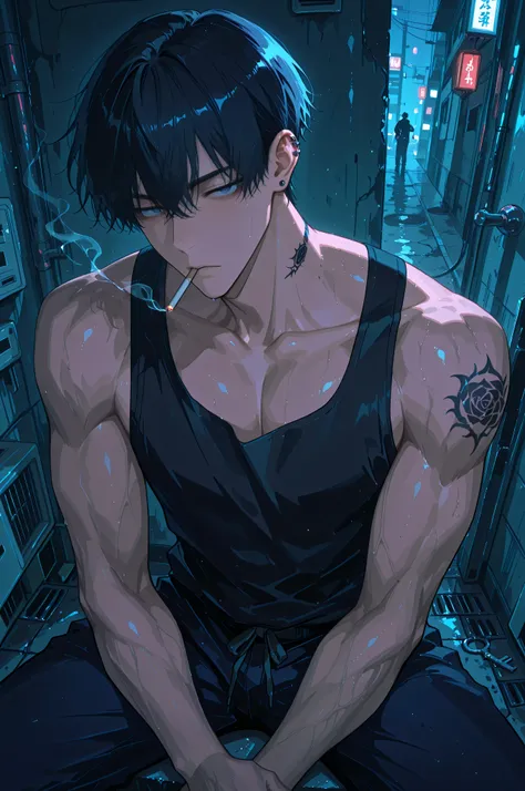 anime key visual, masterpiece, best quality, medium shot, 1boy, a tall muscular young man::1.2 with short spiky black hair, sitting half-sideways. He has a detailed black rose tattoo on the side of his neck, a silver stud ear piercing, and a cigarette in h...