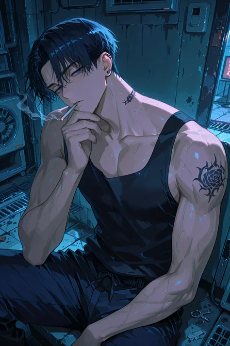 anime key visual, masterpiece, best quality, medium shot, 1boy, a tall muscular young man::1.2 with short spiky black hair, sitting half-sideways. He has a detailed black rose tattoo on the side of his neck, a silver stud ear piercing, and a cigarette in h...