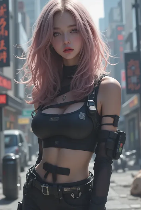 photo real、realistic skin texture、gun、Extremely Tight Cyberpunk Suit、Fluffy Shoulder-Length Hair、Dim Cyberpunk City、beautiful pink eyes、pink hair、thinウエスト、Beautiful Standing、Equipped on a Belt、thin、style is good、Shoulder-width is not wide、The waist is wide...