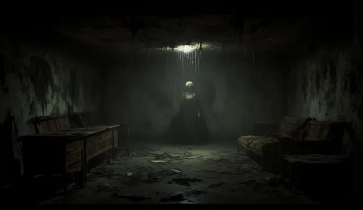 Liminal, surreal basement, antique, abandoned, darkness, despair.