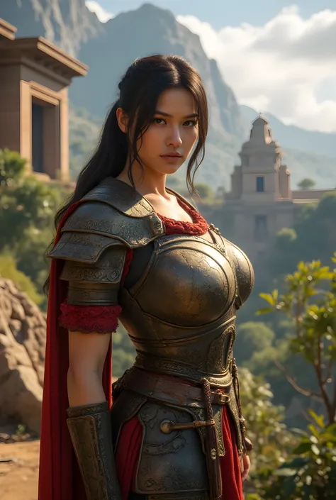 Primitive age era, (anciently age era:1.6), ((Realistic cinematography ultra-wide depth intense details of realistically stunning inner ancient temple landscape scenery)),beauty landscape on the background,an ultra detailed of ancient female paladin walkin...