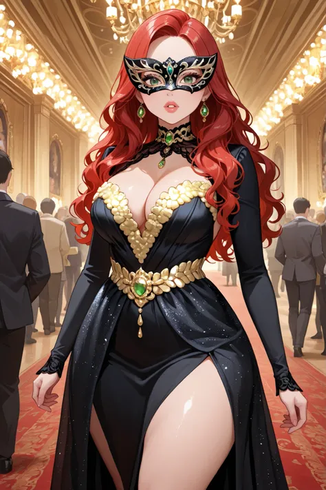 1girl, red hair, wavy hair, middle part, (detailed green eyes), thick thighs, cleavage, black dress, sequin dress))), detailed masquerade mask, detailed ballroom background, people in background, looking at viewer, full lips, golden jewelry