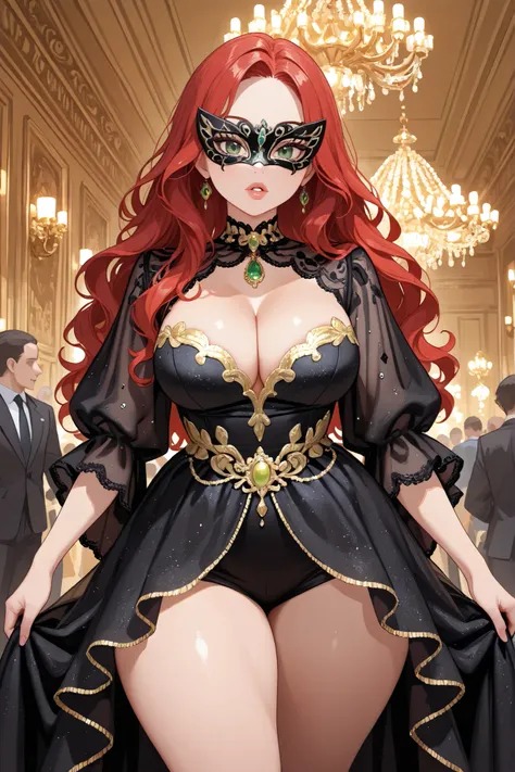1girl, red hair, wavy hair, middle part, (detailed green eyes), thick thighs, cleavage, black dress, sequin dress))), detailed masquerade mask, detailed ballroom background, people in background, looking at viewer, full lips, golden jewelry