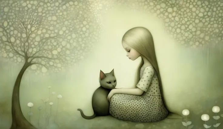 Surreal fantasy, detailed, intricate, with patterns, texturized, dreamy and fantastical mood, a sad girl sitting huging her legs, a tear in her eye, a kitty in her shoulder by Nicoletta Ceccoli