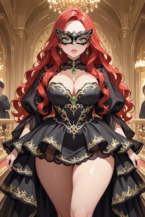 1girl, red hair, wavy hair, middle part, (detailed green eyes), thick thighs, cleavage, black dress, sequin dress))), detailed masquerade mask, detailed ballroom background, people in background, looking at viewer, full lips, golden jewelry