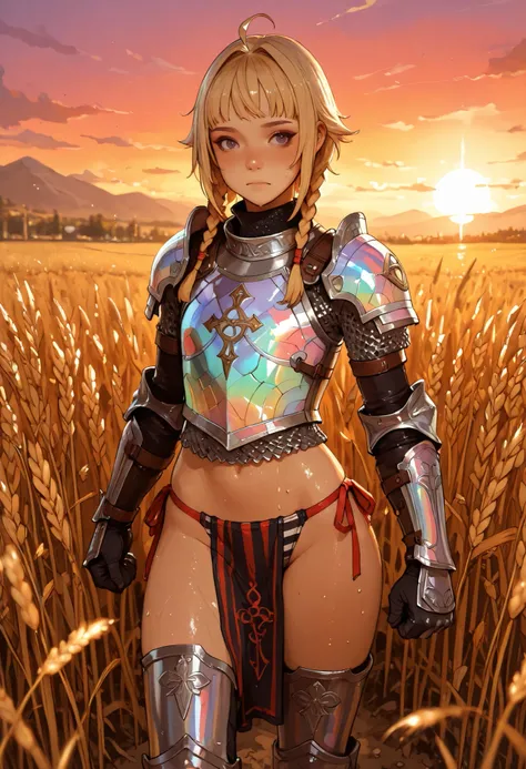 ((girl throws wheat into the wind, wheat forms a symbol, wheat rune, divination magic)), score_9, score_8_up, score_7_up, 1girl, high resolution (4k, 8K), action scene, (blonde hair, light blonde hair, short bangs, hair intakes), dark brown eyeshadow, dark...