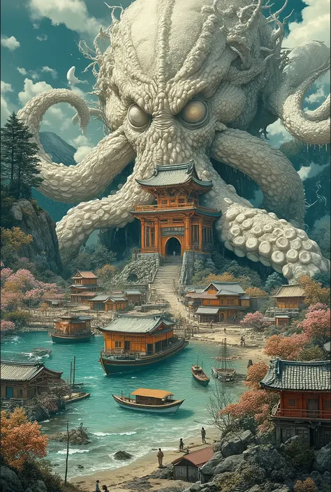 Create a beautiful picture with an amazing view of the picturesque Japanese fishing village; Orange and red Japanese temple; Pagodas; some pink cherry trees, view from above, surrounded by turquoise clear water, Asian Ships in front of the coast, The art s...