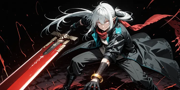 um curto, Lonely male character, a young adolescent about 1.5 metros de altura. He stands alone against a deep black background, making him stand out vividly. Your physique, rosto, and height are exactly like Killua Zoldyck.

He has long silver white hair,...