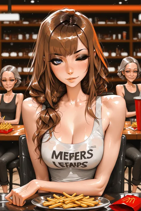 Michelle Trachtenberg, 20 year old woman,  1girl, skinny, long brown hair, gray blue eyes, black eyeliner,   seductive, , sam yang, shirow masamune art style, masterpiece, best quality, very aesthetic, movie quality, depth of field, soft saturation, focuse...