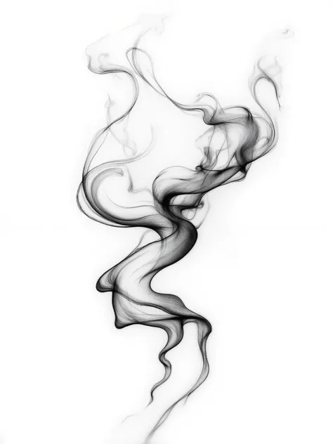 Black and white abstract smoke photography, flowing wisps of smoke forming organic shapes, soft curves and elegant patterns on white background, ethereal and artistic, more smoke
