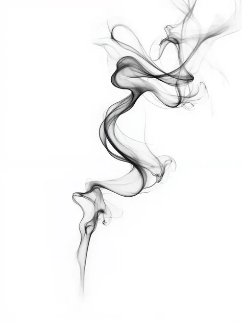 Black and white abstract smoke photography, flowing wisps of smoke forming organic shapes, soft curves and elegant patterns on white background, ethereal and artistic
