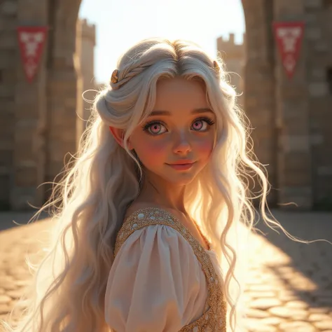 primer plano A beautiful and realistic princess niña of dreams 11 años, Angelic and Radiant children's face very very beautiful smiling, standing at the gates of a medieval city in bright daylight. 
Seen from the front, she looks ahead with large, expressi...