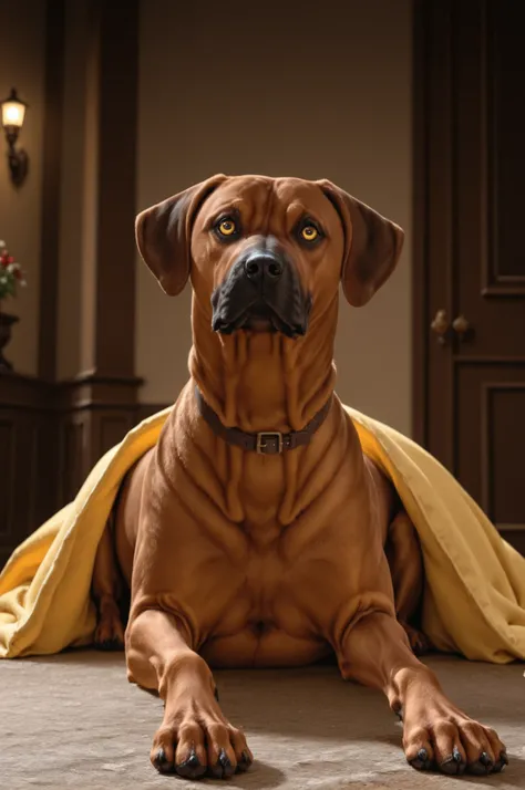 dramatic lighting, rhodesian ridgeback dog laying on a yellow blanket. Set against an Victorian backdrop that is covered in flowers. beautiful eyes, golden eyes, paws, red brown fur