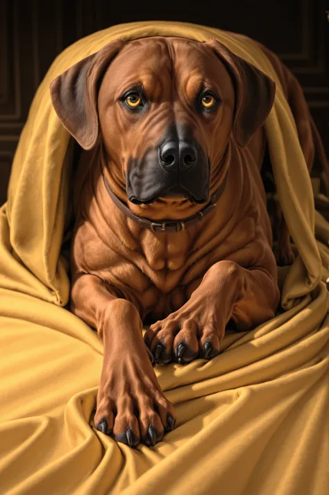 dramatic lighting, rhodesian ridgeback dog laying on a yellow blanket. Set against an Victorian backdrop that is covered in flowers. beautiful eyes, golden eyes, paws, red brown fur
