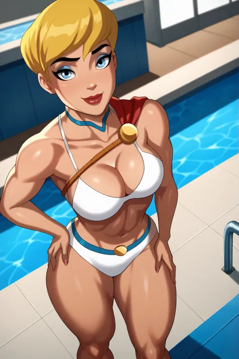 BREAK, score_8_up, score_7_up, score_6_up, score_9, PowerGirlPublicEnemies, 1girl, solo, blonde hair, very large breasts, short hair, blue eyes, superhero, lipstick, makeup, dark skin, cleavage, curvy, athletic, ((looking at viewer)), seducing viewer, teas...