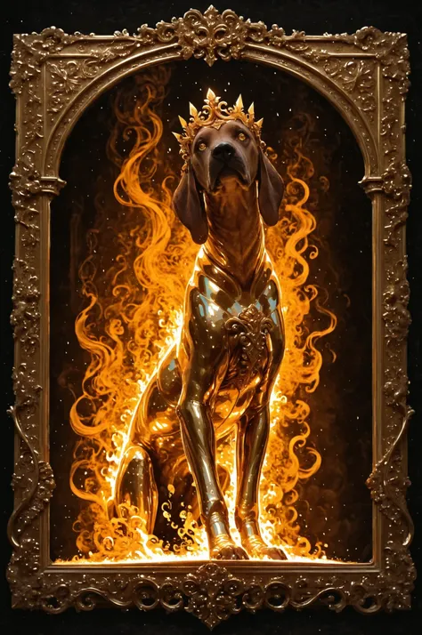 majestic (rhodesian ridgeback) in finely detailed gold armor, golden eyes, epic, legendary, warm open fire in the background, intricate, detailed, classical fantasy, ethereal, magical, dreamlike, surreal, visionary, intricate ornate frame, mythical, mystic...