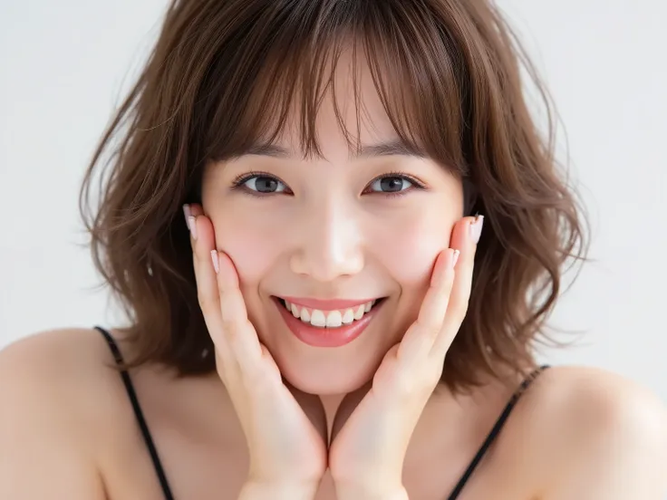 (Refined from an old photo, recreated in a modern, ultra high-quality photorealistic style, with a trendy Reiwa-era hairstyle: soft semi-long hair with natural waves and airy see-through bangs), 
Ultra photorealistic close-up portrait of a beautiful Japane...