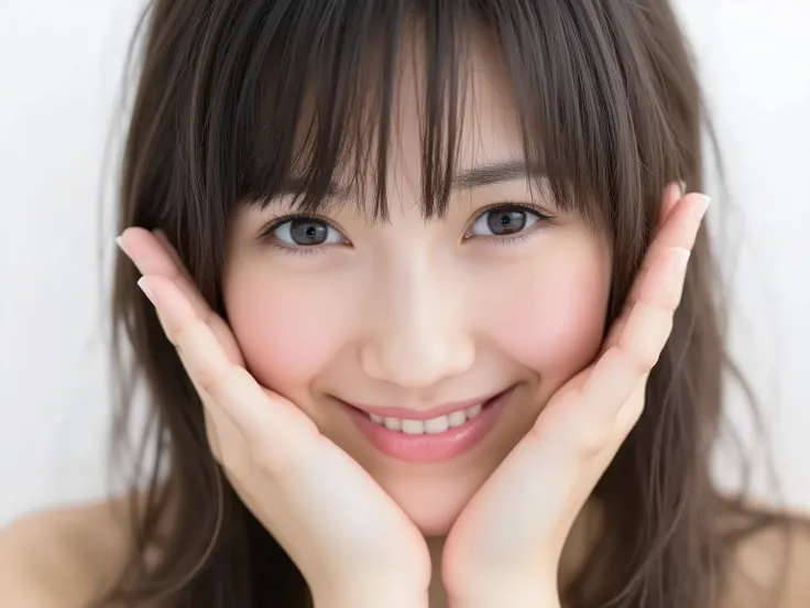 (Refined from an old photo, recreated in a modern, ultra high-quality photorealistic style, with a trendy Reiwa-era hairstyle: soft semi-long hair with natural waves and airy see-through bangs), 
Ultra photorealistic close-up portrait of a beautiful Japane...