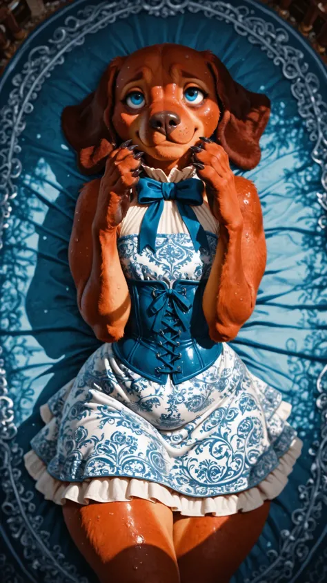 highres, masterpiece, creative, amazing lighting, magical, fantasy, depth of field, rule of thirds, off-center. dynamic high angle, anime style, source:anime, top quality, very aesthetic, vivid, bloom, portrait, a (tired rhodesian ridgeback girl), nerdy fa...