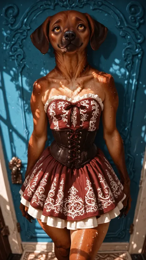 highres, masterpiece, creative, amazing lighting, magical, fantasy, depth of field, rule of thirds, off-center. dynamic high angle, anime style, top quality, very aesthetic, vivid, bloom, portrait, a (tired rhodesian ridgeback girl), nerdy face, detailed e...