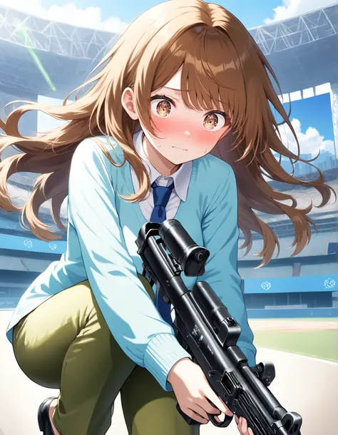 masterpiece, best quality, highres, 1girl, solo, solo focus, dark brown hair, long hair, hazel brown eyes, beautiful detailed eyes, beautiful detailed face, cute face, light blue shirt, long sleeves, blue necktie, green pants, black shoes. blush, shy, klut...