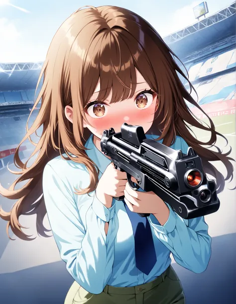 masterpiece, best quality, highres, 1girl, solo, solo focus, dark brown hair, long hair, hazel brown eyes, beautiful detailed eyes, beautiful detailed face, cute face, light blue shirt, long sleeves, blue necktie, green pants, black shoes. blush, shy, klut...