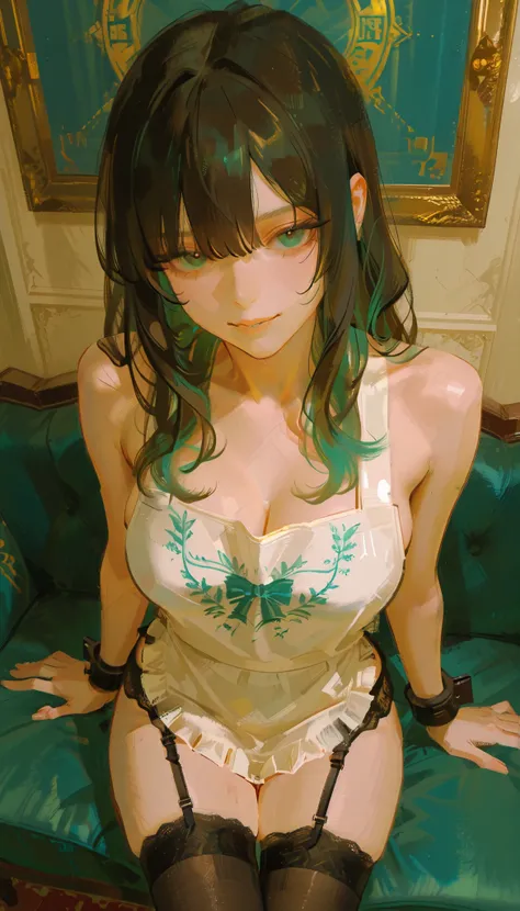 Aerial photography、taken from above、若い女性teeth、アンサンブルの軽い要素とteeth対照的に華やかな, A vintage-style sofa with thin blue-green upholstery with intricate patterns. 彼女teeth白いレースのトリムが付いた黒いドレスが特徴のクラシックなメイド服を着ています, White Apron, and matching cuffs. 彼女のストッキングteeth黒くて透け感があります...