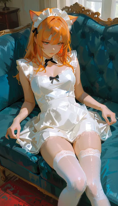 Aerial photography、taken from above、araffe dressed in a maids outfit laying on a couch, gorgeous maids, maids outfit, cosplay of a catboy! maids! dress, anime girl in a maids costume, maids dress, french maids, cosplay, anime girl cosplay, elegant glamouro...