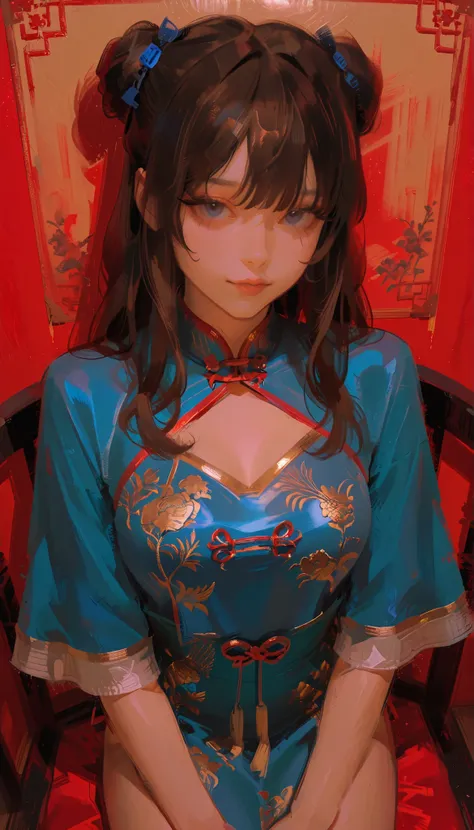 Aerial photography、taken from above、in a blue dress with a hair band, Anime Girl Cosplay, Anime Cosplay, 青いchina dressを着て, anime girl in real life, Japanese High School Girls, 青いchina dressを着た, In ancient Chinese costumes, Chinese costumes, Realistic Cosp...