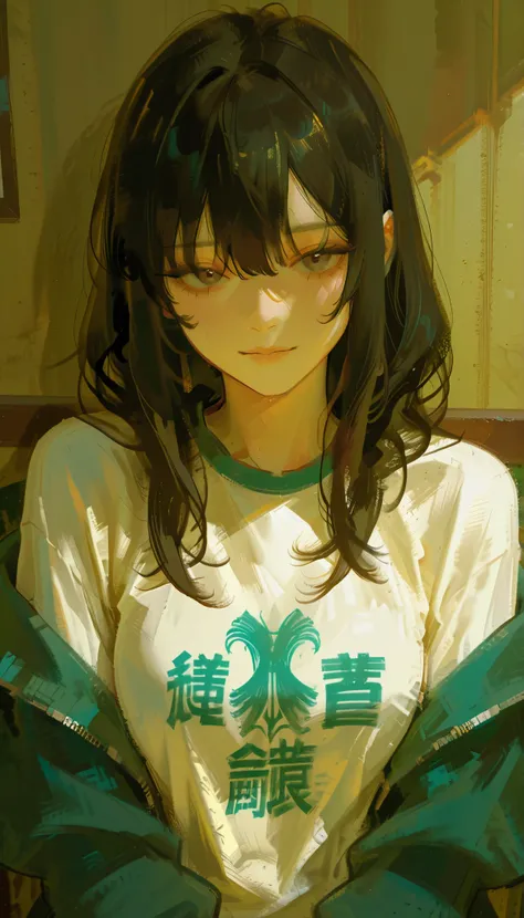 Taken from the bottom、anime girl with black hair and a gray shirt posing for a picture, black haired hoodie with green jacket and white shirt, Gwyds, hoodie, cute sportswear, artwork in the style of Gwyds, 4K Manga Wallpaper, Clean and Detailed Anime Styl...