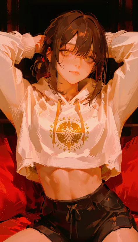 An anime-style illustration features a young woman with dark hair tied back in a loose ponytail. Her large, expressive eyes are highlighted by a warm, rust-brown color, and her cheeks have a noticeable blush, suggesting an emotional or surprised expression...