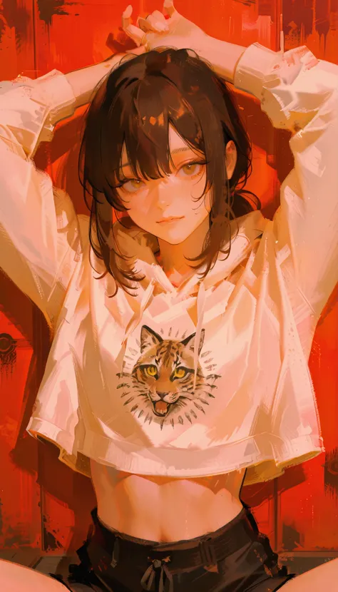 空撮、頭上から撮影、An anime-style illustration features a young woman with dark hair tied back in a loose ponytail. Her large, expressive eyes are highlighted by a warm, rust-brown color, and her cheeks have a noticeable blush, suggesting an emotional or surprised ...