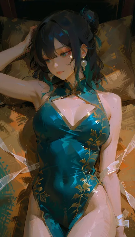 The woman is depicted in a highly stylized manner, Reminiscent of classical and video game character art. She's lost in the, The fitted, sleeveless, cheongsam-style top, Predominantly dark blue, Accentuated with gold trim and detailing. HER SKIN IS SMOOTH,...