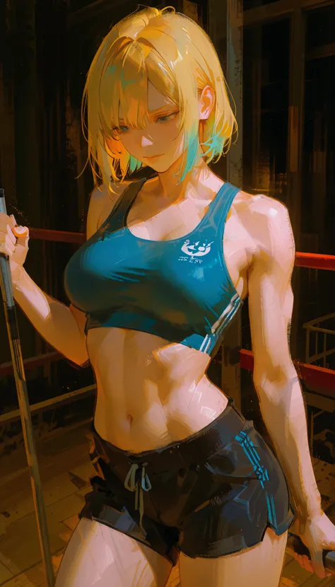 adds the dynamic atmosphere of the image, the focus is on her figure. enhances the physical strength and sense of diligence in her posture {x} Her outfit is a blue sports bra and black high-waisted shorts with blue side stripes, accentuate clear muscles. A...