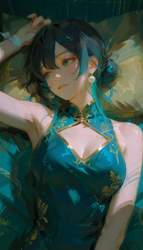 Aerial photography、taken from above、The woman is depicted in a highly stylized manner, Reminiscent of classical and video game character art. She's lost in the, The fitted, sleeveless, cheongsam-style top, Predominantly dark blue, Accentuated with gold tri...