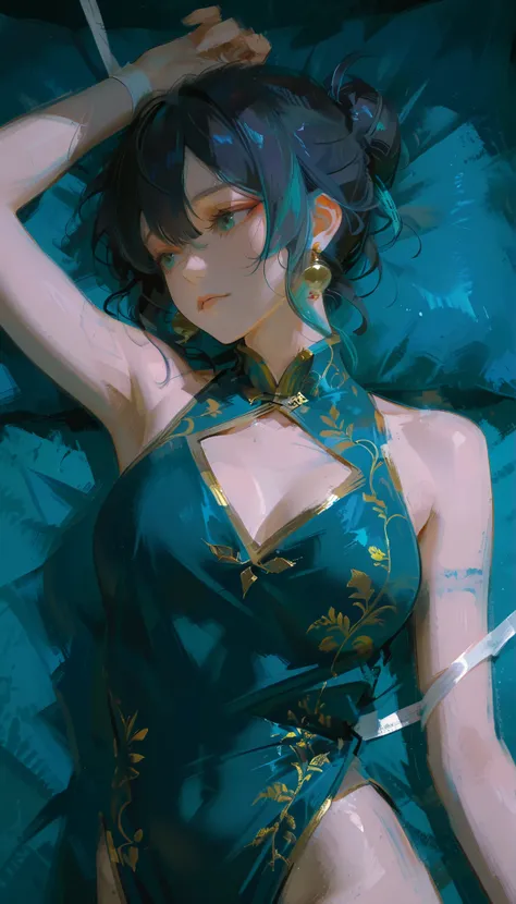 Aerial photography、taken from above、The woman is depicted in a highly stylized manner, Reminiscent of classical and video game character art. She's lost in the, The fitted, sleeveless, cheongsam-style top, Predominantly dark blue, Accentuated with gold tri...