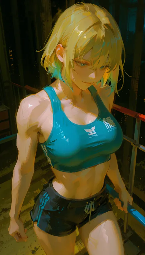 Aerial photography、 from above 、fisheye lens、adds the dynamic atmosphere of the image, the focus is on her figure. enhances the physical strength and sense of diligence in her posture {x} Her outfit is a blue sports bra and black high-waisted shorts with b...