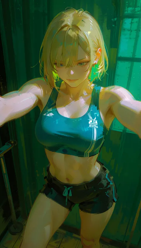 Aerial photography、 from above 、fisheye lens、adds the dynamic atmosphere of the image, the focus is on her figure. enhances the physical strength and sense of diligence in her posture {x} Her outfit is a blue sports bra and black high-waisted shorts with b...