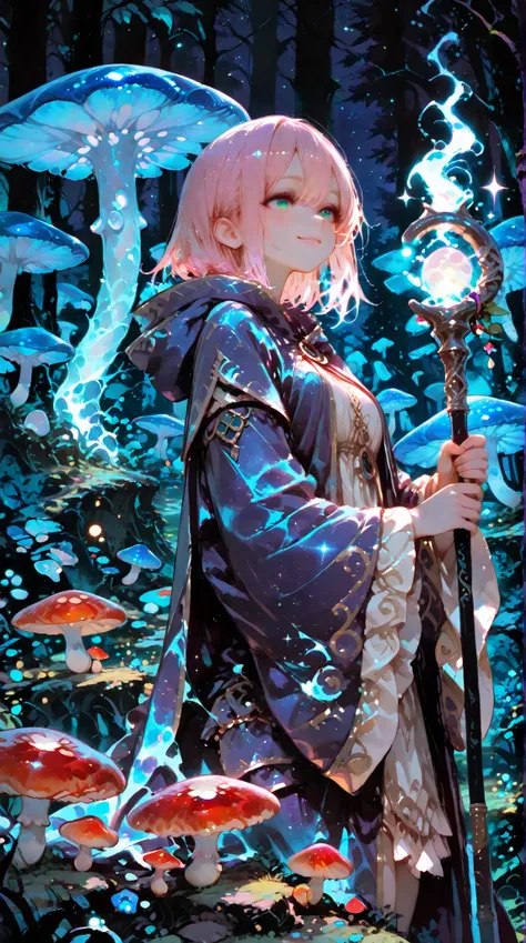 masterpiece, best quality, 4k, cute girl, wearing wizard robe, big sleeves, hood down, holding a magic staff, cheerful smile, semi-realistic anime style, soft glowing light, mystical atmosphere, background night forest with glowing mushrooms, starry sky, f...