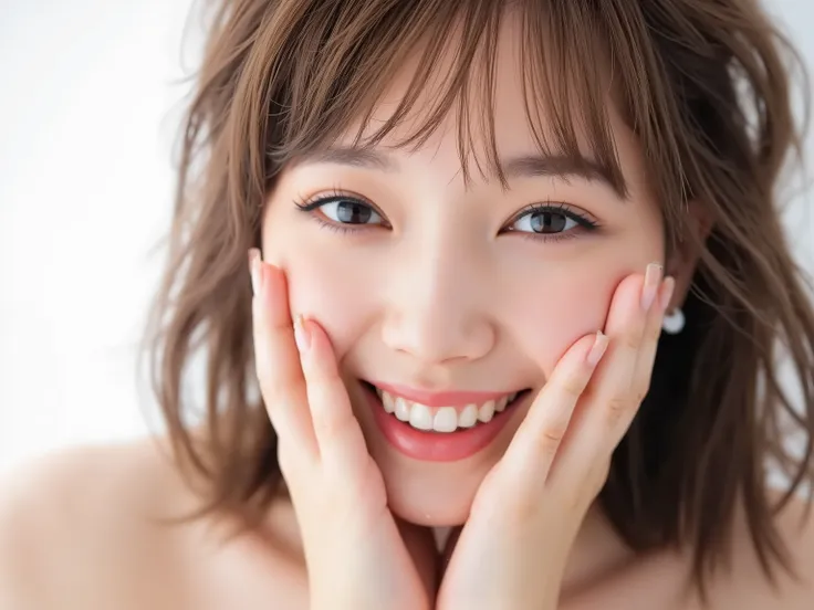 (Refined from an old photo, recreated in a modern, ultra high-quality photorealistic style, with a trendy Reiwa-era hairstyle: soft semi-long hair with natural waves and airy see-through bangs), 
Ultra photorealistic close-up portrait of a beautiful Japane...