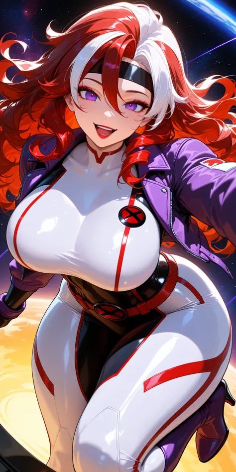 Masterpiece, mature woman, madam president (golden boy), tall body, slim, upper body, ultra detailed, highres, absurdres, free long hair, smiling, seducing face, tight shiny bodysuit, detailed face, pale face, Bodysuit, Vinyl Bodysuit, skintight white body...