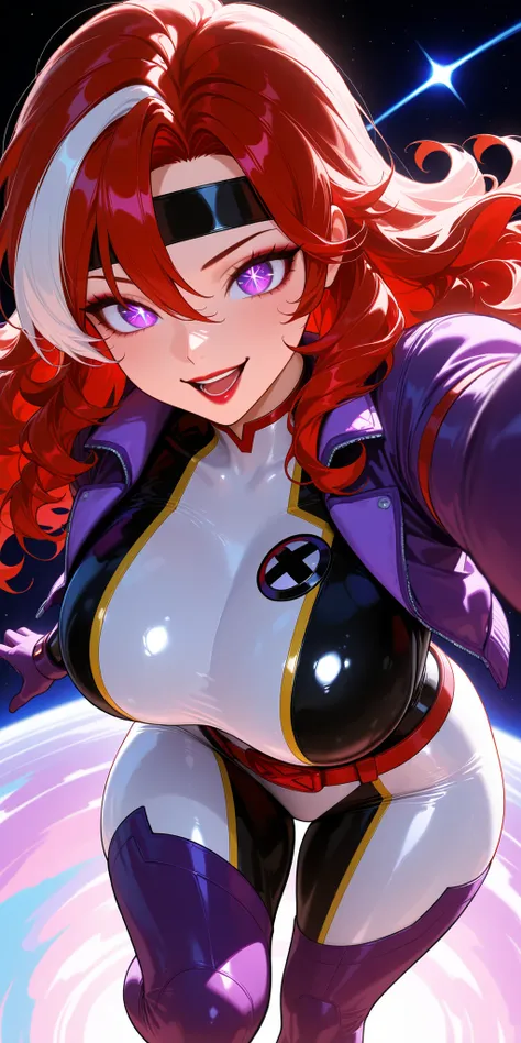 Masterpiece, mature woman, madam president (golden boy), tall body, slim, upper body, ultra detailed, highres, absurdres, free long hair, smiling, seducing face, tight shiny bodysuit, detailed face, pale face, Bodysuit, Vinyl Bodysuit, skintight white body...