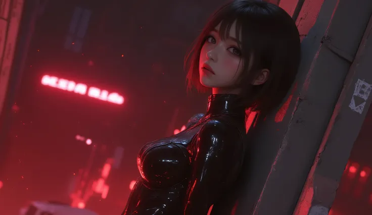 looking away, anime, 1girl , difficult 、 Asian Beauty , Perfect Style, perfect body, small head , frown, realistic skin, anatomically correct, sweat, She's wearing a shiny black rider suit , ( she has her back in close contact with the wall:1.2), She's ...