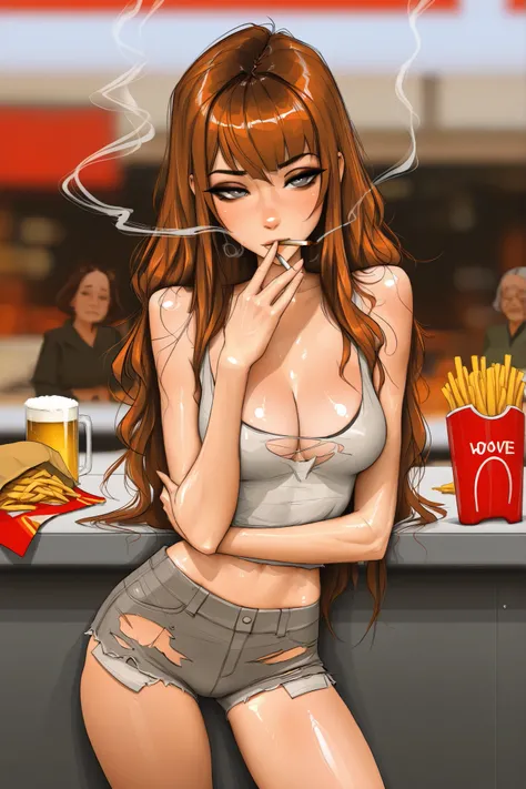 Michelle Trachtenberg, 20 year old woman,  1girl, skinny,  auburn brown hair, gray eyes, eyeliner,   seductive, torn up jean shorts, , sam yang, shirow masamune art style, masterpiece, best quality, very aesthetic, movie quality, depth of field, soft satur...