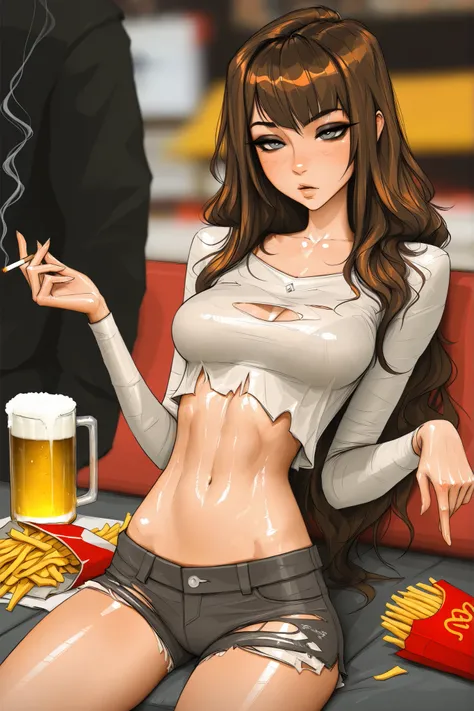 Michelle Trachtenberg, 20 year old woman,  1girl, skinny,  shiny brown hair, gray eyes, eyeliner,   seductive, torn up jean shorts, , sam yang, shirow masamune art style, masterpiece, best quality, very aesthetic, movie quality, depth of field, soft satura...