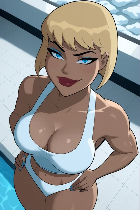 BREAK, score_6_up, score_7_up, score_8_up, score_9, g4l4t3a, 1girl, solo, short hair, bangs, blue eyes, blonde hair, lipstick, makeup, dark skin, dark-skinned female, very large breasts, busty, cleavage, curvy, athletic, muscular female, looking at viewer,...